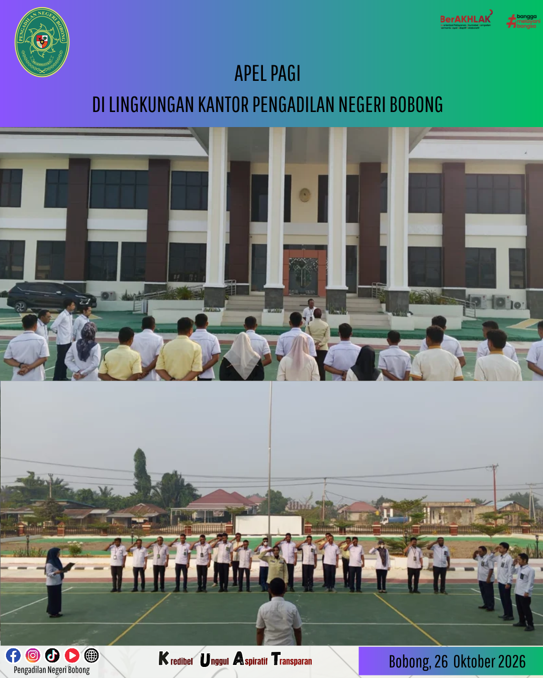 Jajaran pimpinan dan pegawai Pengadilan Negeri Bobong melaksanakan kegiatan Apel Pagi di halaman kantor.